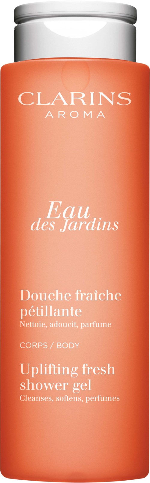 Een lange oranje douchegel fles met witte dop, gemarkeerd Clarins Eau des Jardins, Verfrissende frisse douches gel.