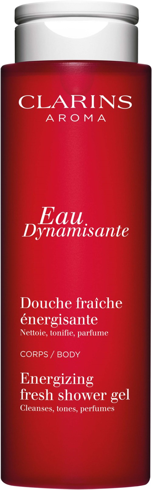 Een rood flesje van Clarins Aroma Eau Dynamisante verfrissende douchegel met witte dop, tekst in het Frans en Engels.