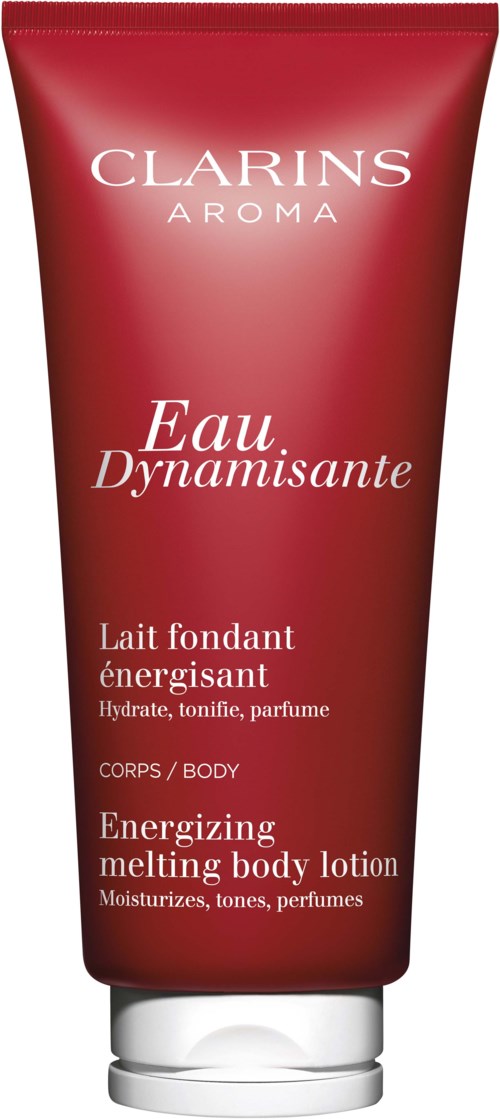 Een rode tube met Clarins Aroma Eau Dynamisante, rustgevende lichaamslotion, verzorgt, ontspant en parfumeert.
