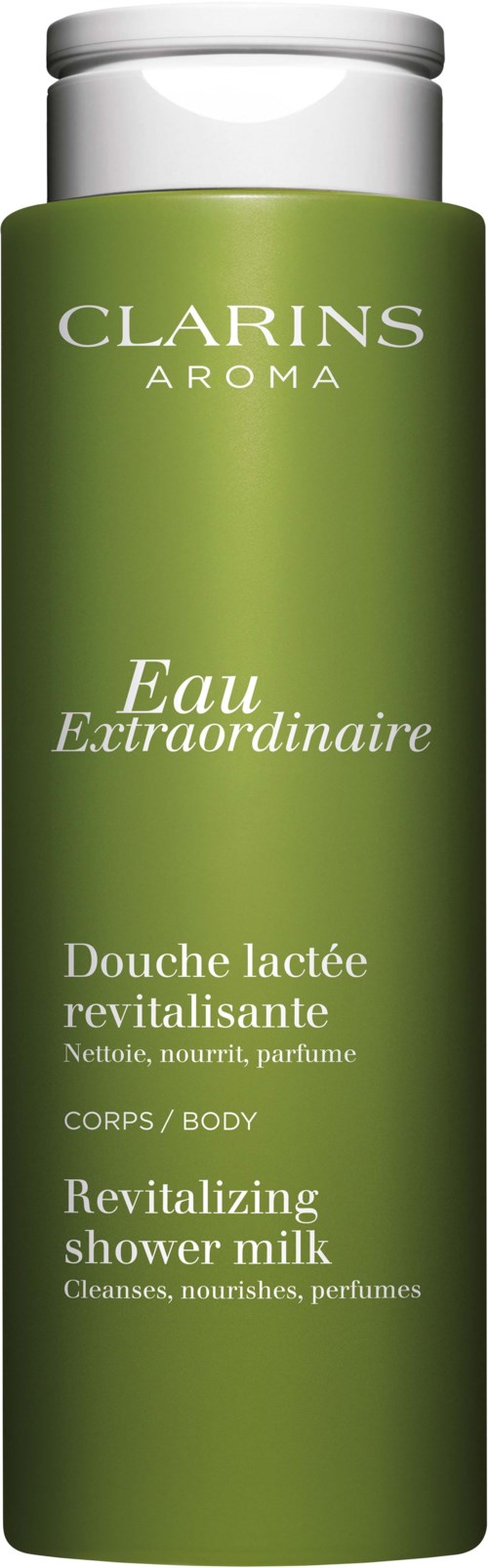 Groene fles van Clarins Aroma Eau Extraordinaire, verkwikkende douchemelk met witte dop. Tekst beschrijft de voordelen.