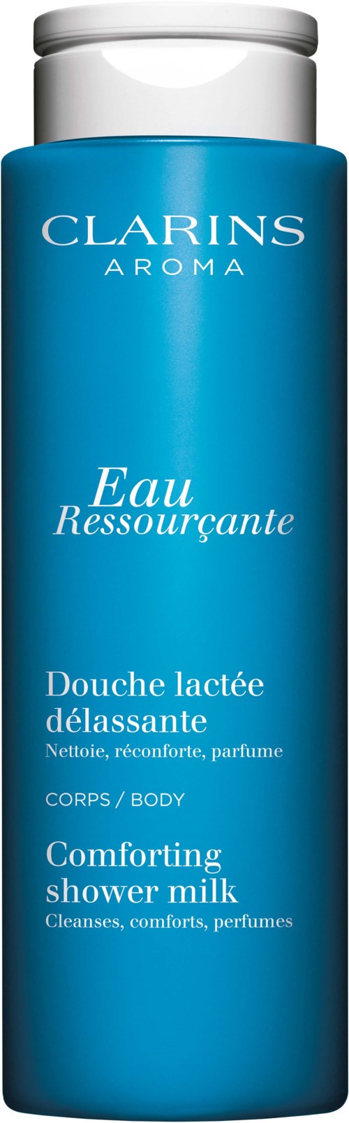 Een lange blauwe fles met een witte dop, gemerkt 'Clarins Aroma Eau Ressourçante' en 'Comforting shower milk.'