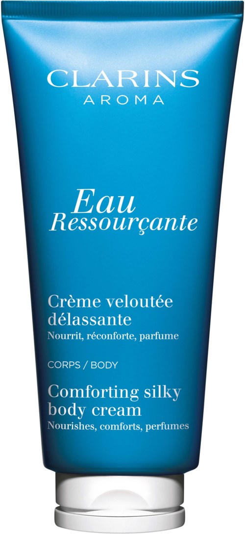 Blauwe tube van Clarins Aroma Eau Ressourçante kalmerende lichaamscrème met beschrijvende tekst in het Frans en Engels.