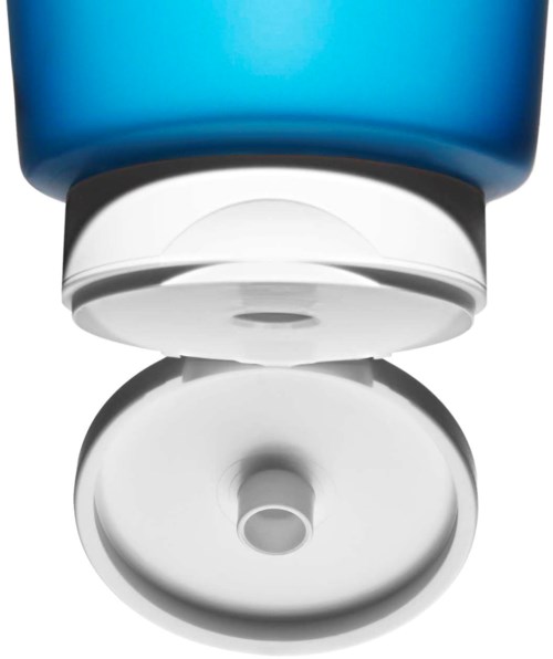 Blauwe container met witte dop, open, toont de binnenkant. Lijkt op een fles.