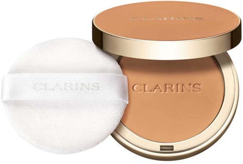 Compact powder with a mirror, sponge, and brand name Clarins on the packaging.