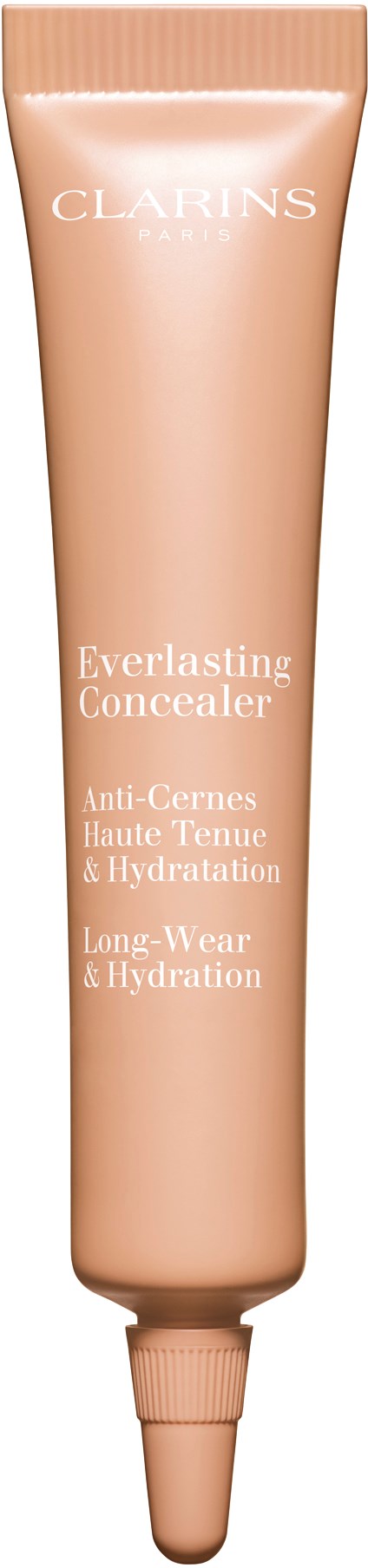Beige putkilo, jossa on kerä, merkiltään Clarins Everlasting Concealer, pitkäkestoiseen meikkivoidetta peittämiseen.
