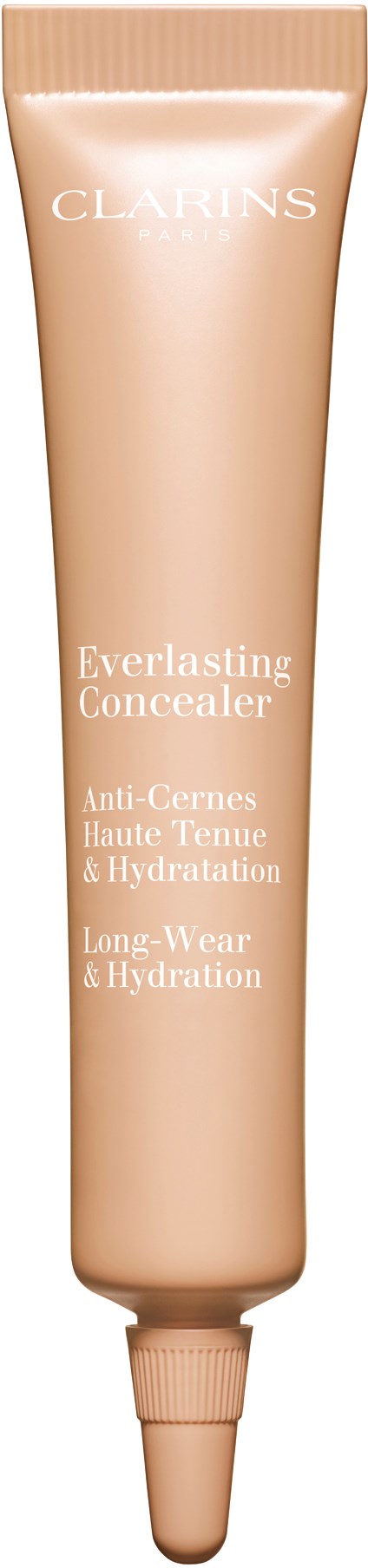 Beige tuubi Clarins Everlasting Concealer, jossa valkoinen teksti mustalla taustalla.