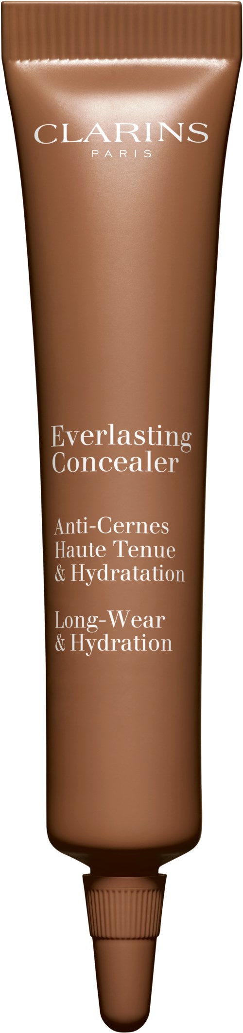 A brown tube of Clarins Everlasting Concealer with text about its features.