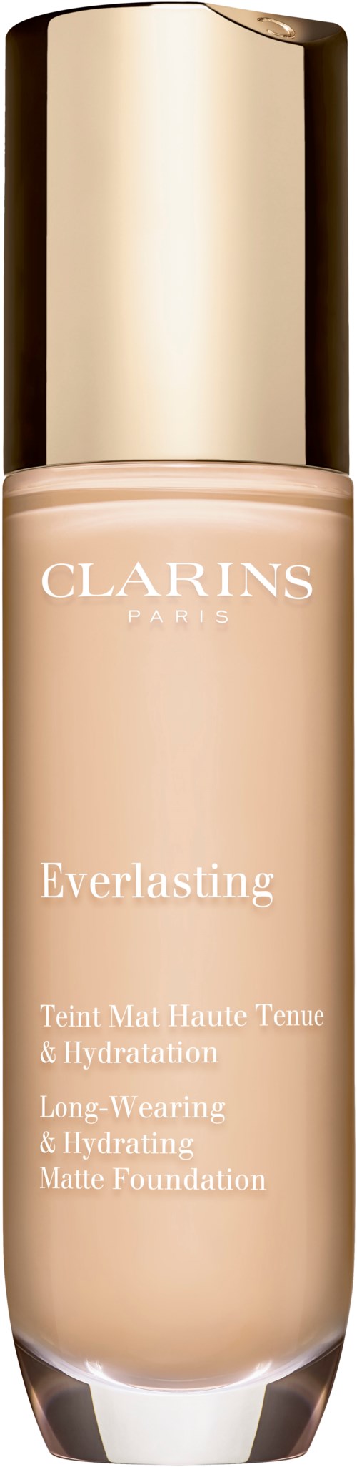 En beige foundationflaska med en glänsande guldkapsel, märkt 'Clarins Everlasting' för lång hållbarhet och återfuktning.