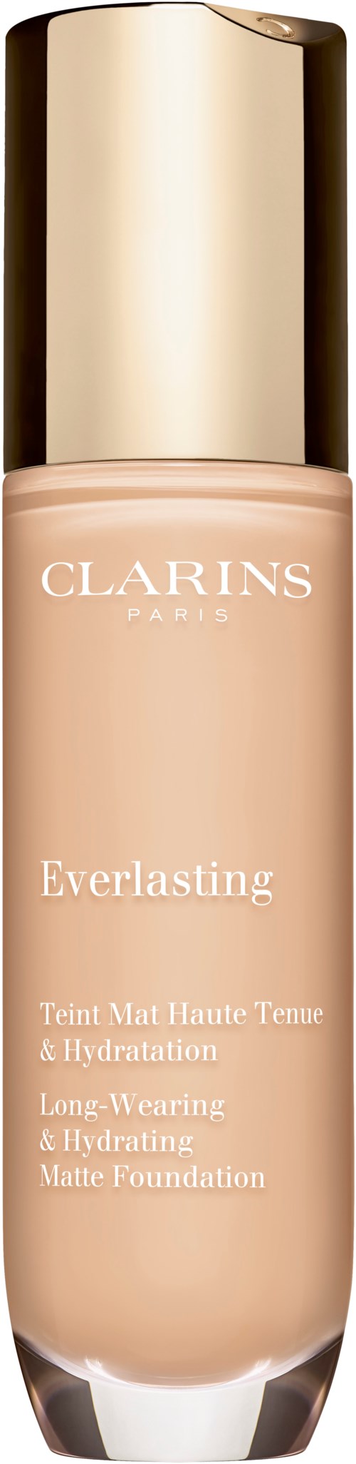 En foundationflaska med guldlock, beige färg och vit text, märkt Clarins Everlasting Long-Wearing & Hydrating.