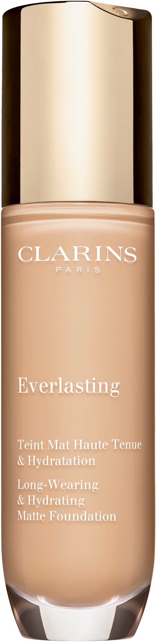 En foundationsflaska med guldlock, märkt Clarins Everlasting för långvarig hållbarhet och återfuktning, i beige färg.