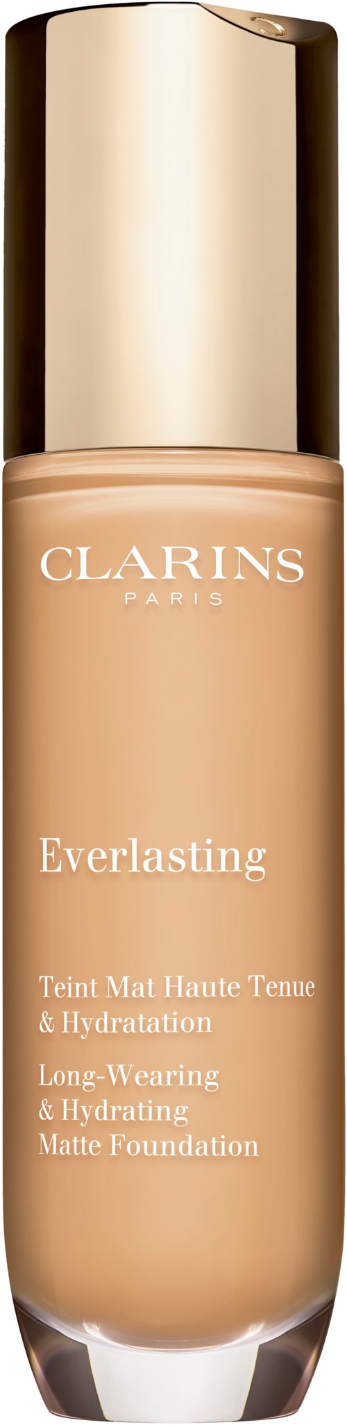 En flaska Clarins Everlasting foundation med guldförpackning, märkt som långvarig och återfuktande matt makeup.