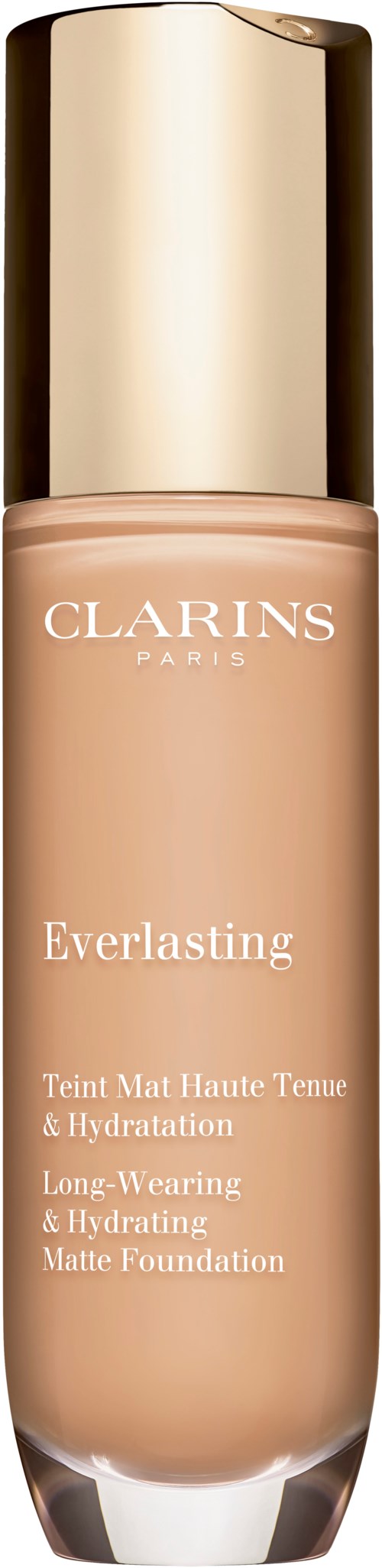 En tub med Clarins Everlasting Matte Foundation med guldkork, visar produktnamnet och beskrivningen.