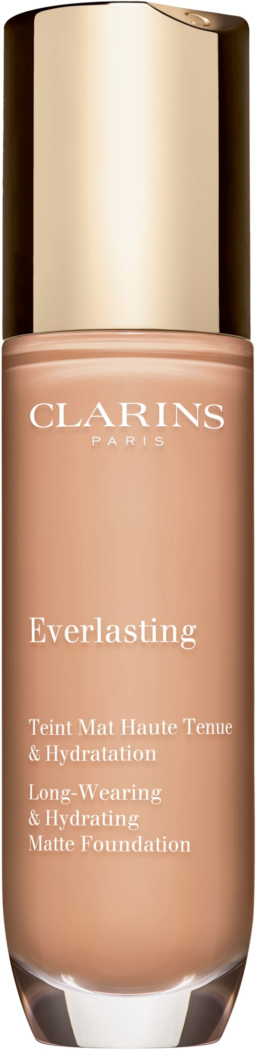 En flaska Clarins Everlasting Matte Foundation med guldkapsel på svart bakgrund.