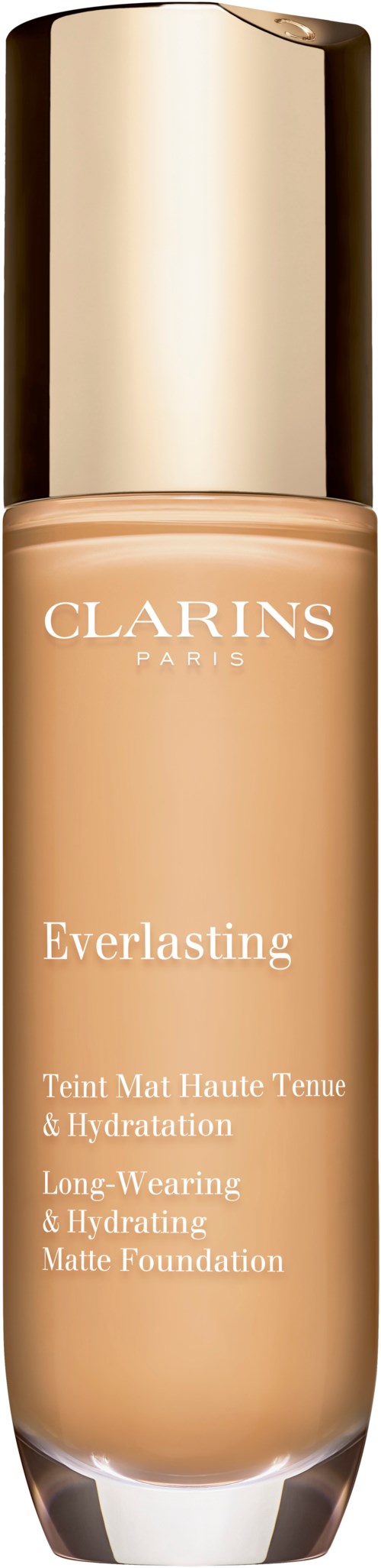 En foundationflaska med guldkapsel och beige vätska, märkning 'Clarins Everlasting Long-Wearing & Hydrating Matte Foundation.'