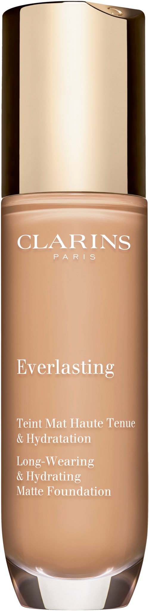 En flaska Clarins Everlasting matt foundation, beige färg, guldkapsel, står vertikalt.