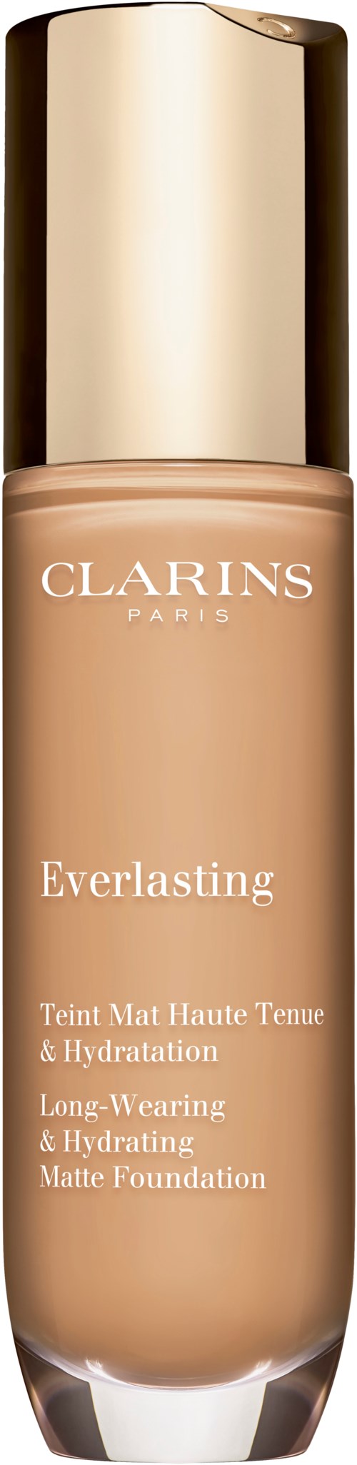 En flaska av Clarins Everlasting matt foundation i beige färg med guldlock, märkt för lång hållbarhet och återfuktning.
