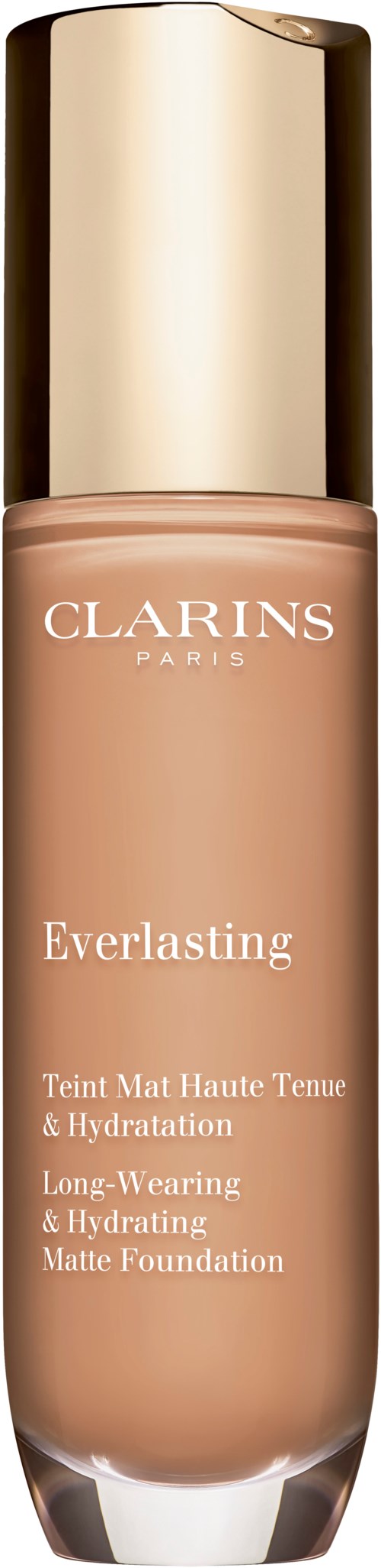 En flaska Clarins Everlasting matten foundation med guldkork på svart bakgrund.