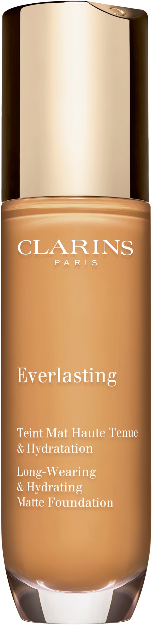 En lång, beige flaska med guldkork märkt 'Clarins Everlasting' för foundation och hudvård.