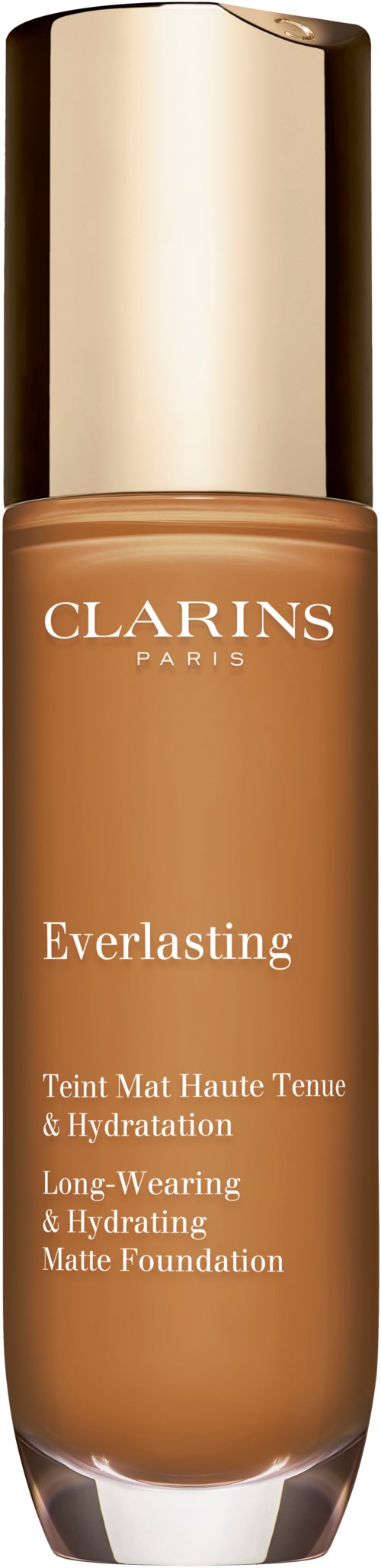 Clarins Everlasting mattameikkivoide pullo, pitkäkestoinen, kosteuttava, beige korkki.