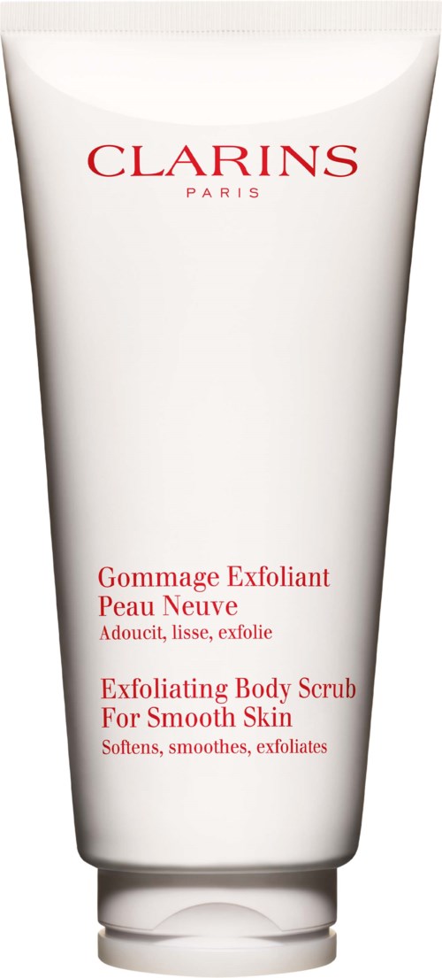 Witte tube met rode tekst, beschrijft het als een exfoliërende lichaamscrème voor een gladde huid.