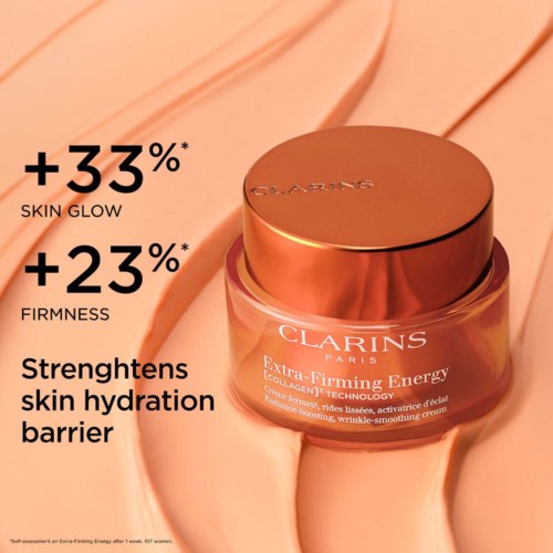 Clarins hudpleiekopp med tekst som fremhever hudglød og fasthet, vekt på styrking av hydratiseringsbarrieren.
