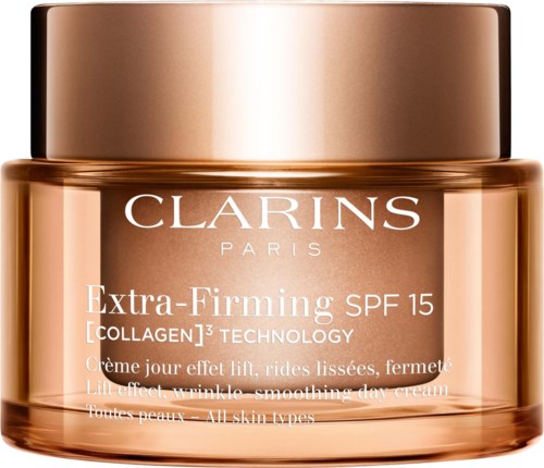 Purkki Clarins Extra-Firming päivävoiteella, SPF 15, kaikille ihotyypeille, kollageeni ja kiinteyttäviä ominaisuuksia.