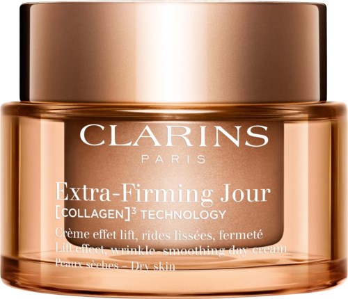 Purkki Clarins Extra-Firming Day -voiteella, kultainen kansi ja vaaleanpunainen pullo.