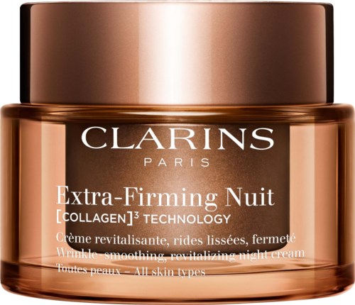 Purnukka Clarins Extra-Firming Night Cream, metallikorkki ja ruskea etiketti, joka kertoo ihon kiinteyttämisestä ja elävöittämisestä.