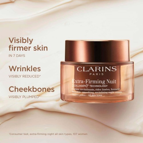 Clarins yövoide lupaa kiinteämmän ihon, vähentyneet ryppykohdat ja täyteläisemmät posket 7 päivässä.