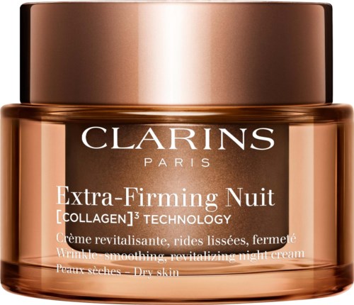 En krukke med Clarins Extra-Firming Nightkrem for tørr hud med kollagen, i et kobberfarget glass.