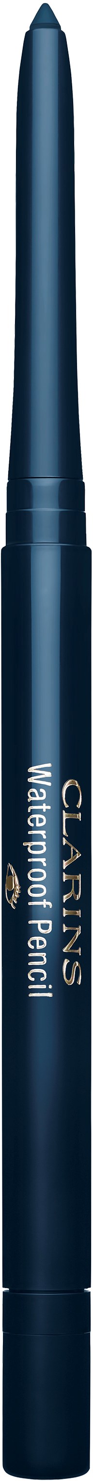 Een donkerblauwe waterdichte pen met de dop, gemarkeerd in wit met Clarins.