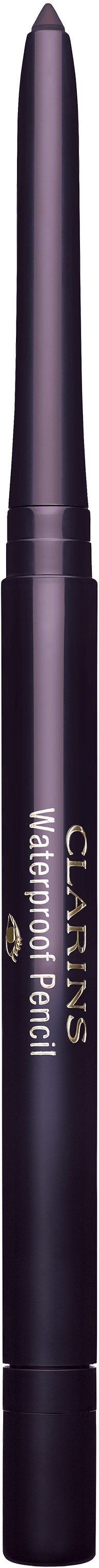 Een zwarte eyelinerpotlood met een puntige tip en gouden tekst, gemerkt "CLARINS Waterproof Pencil."