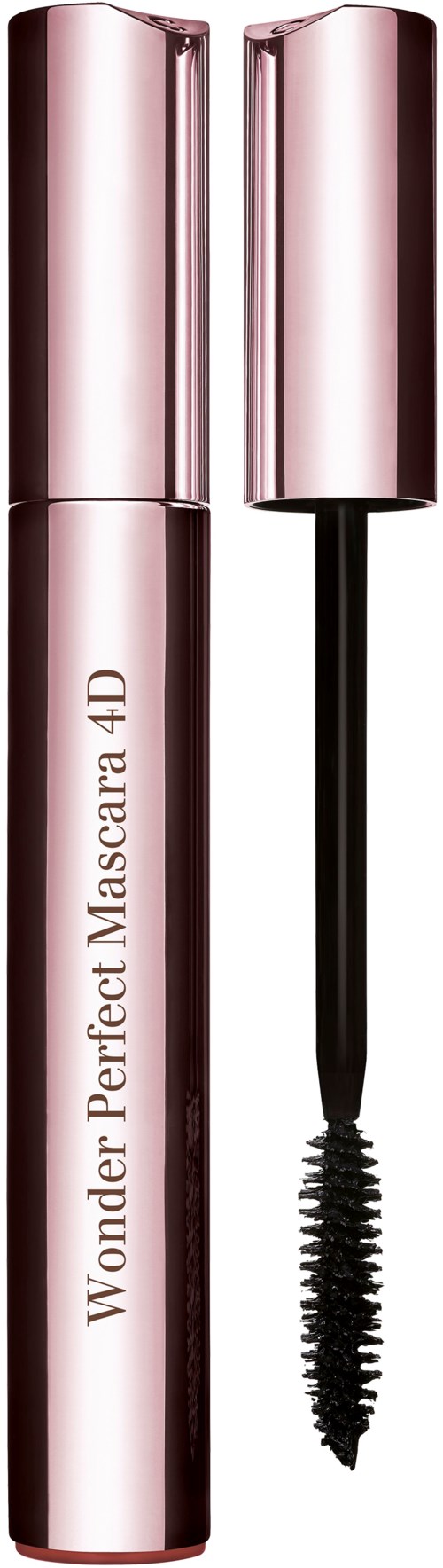 Eine rosafarbene Tube mit Deckel, beschriftet 'Wonder Perfect Mascara 4D', und eine schwarze Mascara-Bürste daneben.