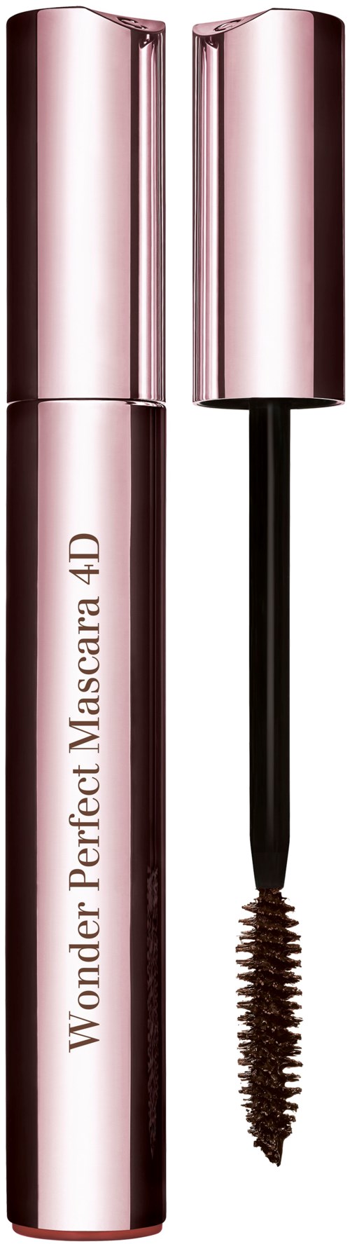 Een roze tube Wonder Perfect Mascara 4D met een zwarte mascara borstel ernaast.