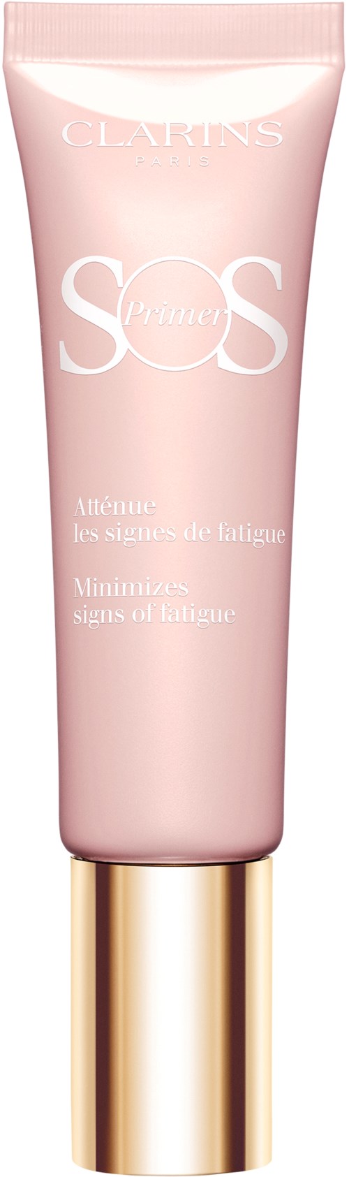 Klämmig rosa hudvårdsrör från Clarins med guldlock, märkt som SOS Avene. Utformad för att minska tecken på trötthet.