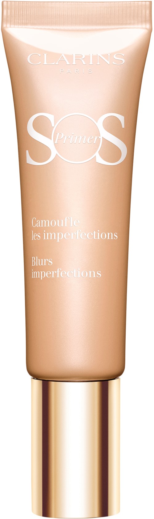 Beige-tuppo, jossa kultainen korkki, merkki Clarins SOS Camouflage virheitä, auringon vaurioita ja iho-ongelmia varten.