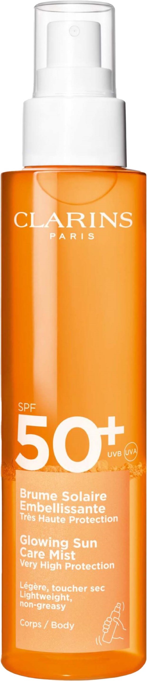 Eine orangefarbene Flasche von Clarins mit SPF 50+ Sonnenschutz-Spray für Gesicht und Körper, mit weißer Pumpe und klarem Deckel.