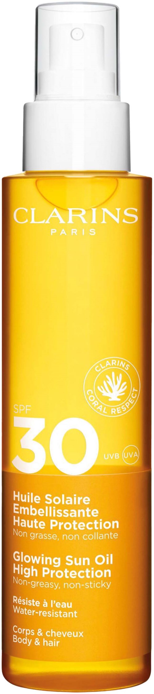A yellow Clarins sun protection oil with a white pump, labeled for high protection and glowing skin. Suitable for body and hair.
