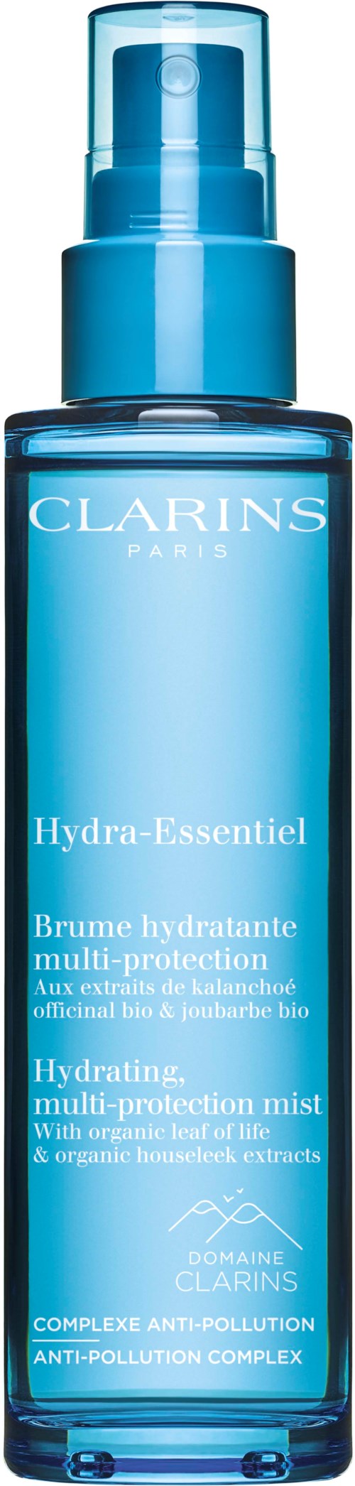 Sininen suihkepullo Clarins-logolla, merkinnällä Hydra-Essentiel, kosteuttava suihke orgaanisilla elämälehden ja houhen uutteilla.