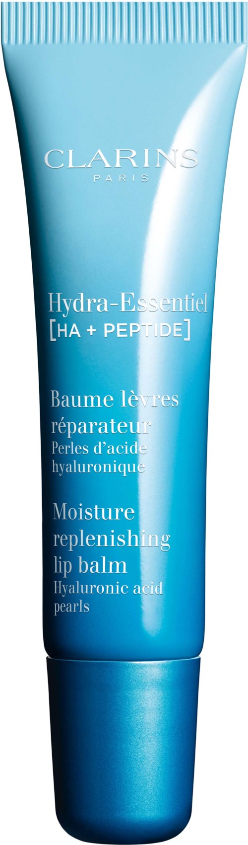 Blue tube of hydra-essence lip balm with white text, brand Clarins, moisturizing and healing ingredients.