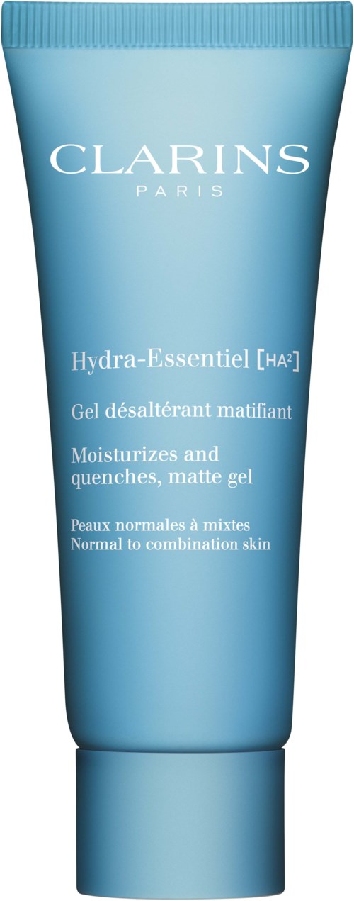 Sininen putki Clarins Hydra-Essentiel -geelille normaalille ja yhdistelmälle iholle, kosteuttava ja mattapintainen, etiketissä nimi.
