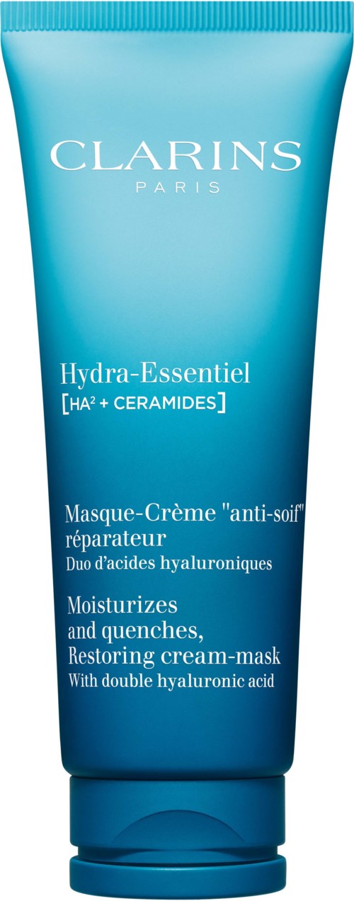 Sininen tuubi Clarins Hydra-Essentiel -naamio kosteutukseen ja ihon korjaamiseen hyaluronihapon kanssa.