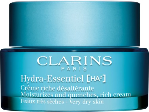Ein blauer Tiegel mit Clarins Hydra-Essentiel Feuchtigkeitscreme für sehr trockene Haut. Sie ist reichhaltig und glatt.