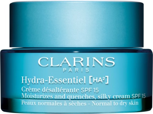 Sininen purkki Clarins Hydra-Essentiel -voidetta, SPF 15 normaalille tai kuivalle iholle.