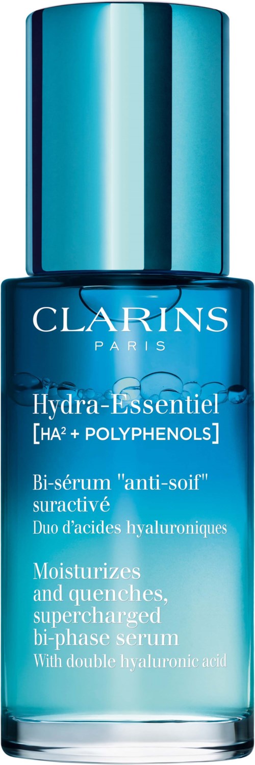 Blaues Clarins-Gesichtsserumflasche mit silberner Kappe, Produktname und Beschreibung sind aufgedruckt.