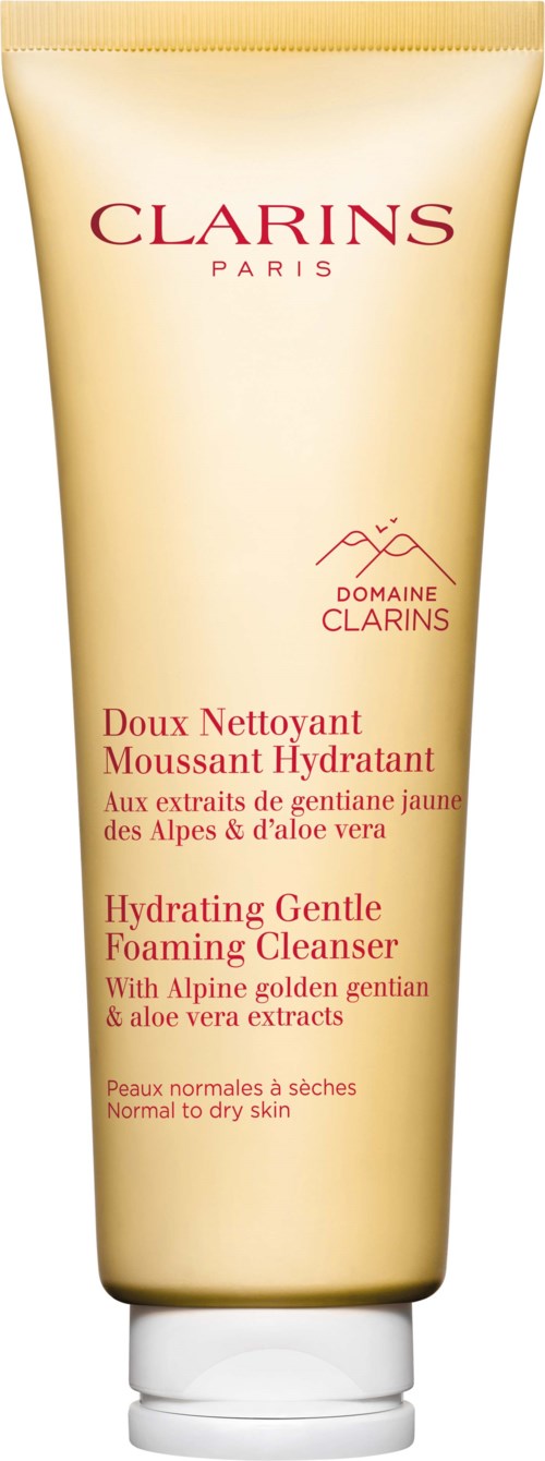 Beige Clarins-putti, jossa punainen ja oranžinen teksti kuvaa ainesosia, kosteuttava vaahtopuhdistaja.