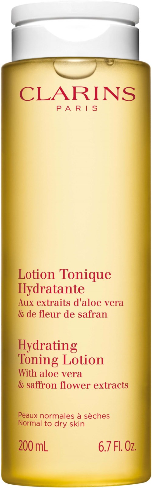 Pitkä, keltainen pullo, jossa valkoinen kansi, merkki Clarins kosteuttava kasvovesi aloe veralla ja sahramin kukilla. Sisältää 200 mL.