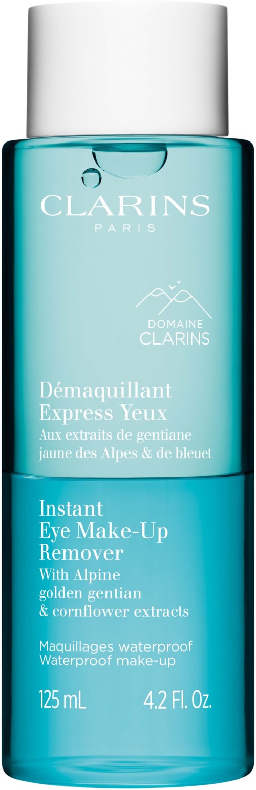 Eine blaue zylindrische Flasche mit weißem Deckel, beschriftet Clarins, für die Entfernung von Augen-Make-up.