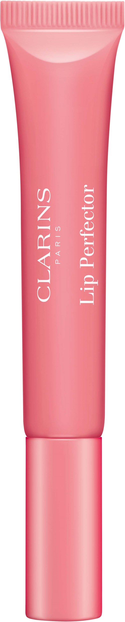 Eine rosa Tube von Clarins Lip Perfector, einfaches und elegantes Design, mit weißem Text.