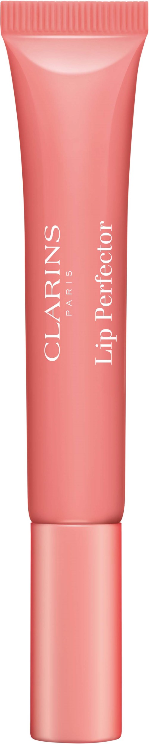 Een roze tube van Clarins Lip Perfector met schroefdop, bedoeld voor lipgloss of balm.